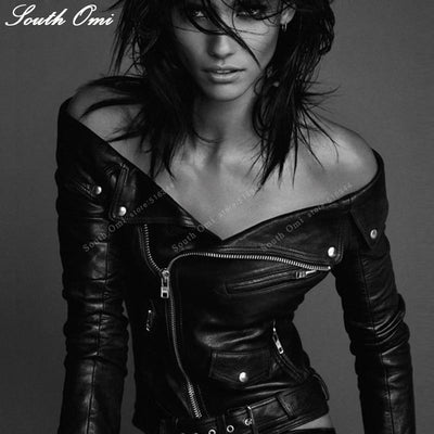Autumn Sexy Off Shoulder Turn-Down Collar Black Leather Jacket Women Coats Motorcycle Slim chaqueta cuero mujer leather