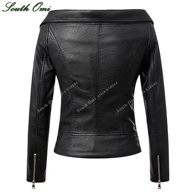 Autumn Sexy Off Shoulder Turn-Down Collar Black Leather Jacket Women Coats Motorcycle Slim chaqueta cuero mujer leather