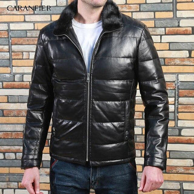 CARANFIER Winter Genuine Leather Jacket Men Sheepskin Coat Duck Down Jacket Men Warm Real Chaqueta Cuero Hombre Biker Jacket