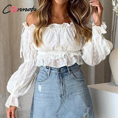 Conmoto Vintage blanco bordado mujeres Crop Tops y blusa 2019 nuevo de hombro Slash cuello blusa chica linterna manga camisa