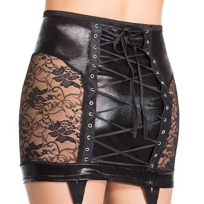 Moda mujer Floral encaje inserto vinilo cuero suspensor falda Sexy Mini Falda corta porno espalda encaje Bodycon cintura alta falda