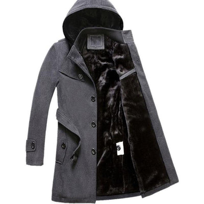 Winter Mens Hooded Wool Coat Men Single Breasted Thicken Velvet Warm Long Overcoat Male Long Woolen trench Jacket 102105