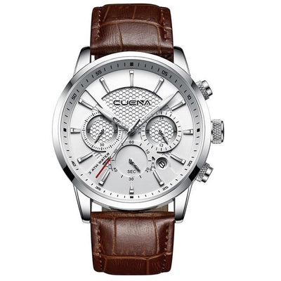 CUENA Men's Watches Stopwatch Date Luminous Hands Genuine Leather 30M Waterproof Clock Man Quartz Watches Men Fashion Watch 2018