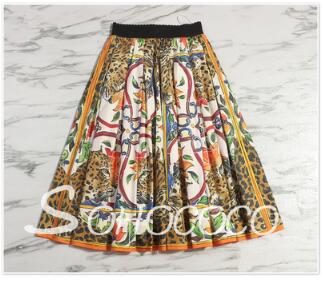 Runway Skirts 2018 Women Summer Elegant Vintage Bohemian Leopard Printed A-line Cotton Knee-Length Skirts Womens Saia Midi