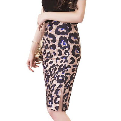 Nice New Summer 6XL Plus Size Sexy Split Slim Leopard Skirt Faldas Women High Waist Pencil Step Office Formal Skirt Saias Skirts